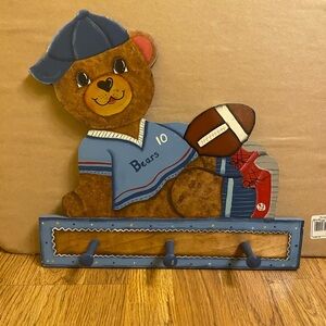 Wooden Wall Plaque Coat And Hat Hanger Football Bear For Little Boy's Bedroom.